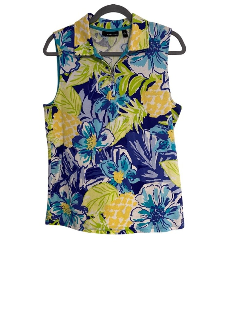 Rafaella Women's L Sleeveless Blue Floral Polo Shirt 1/4 Zip Pullover Sporty